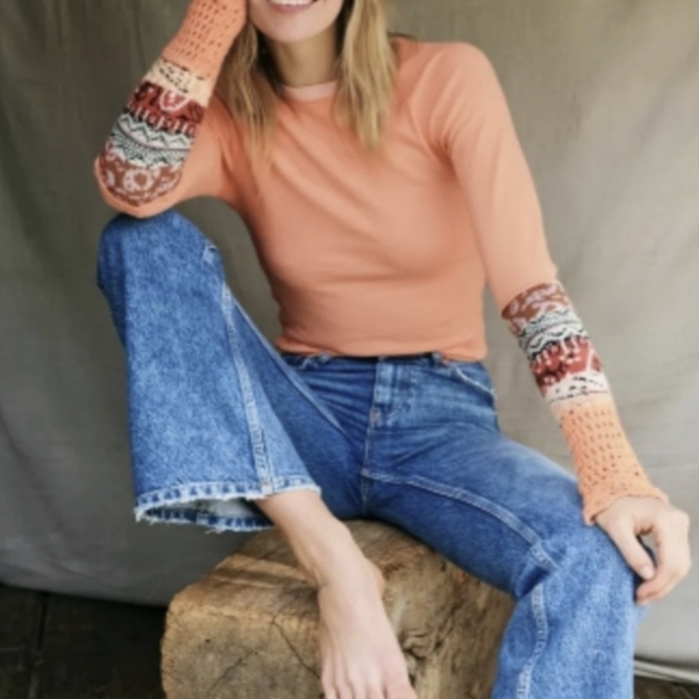 NWT Free People Mix Thermal Cuff Long Sleeve Top Y2K women boho
